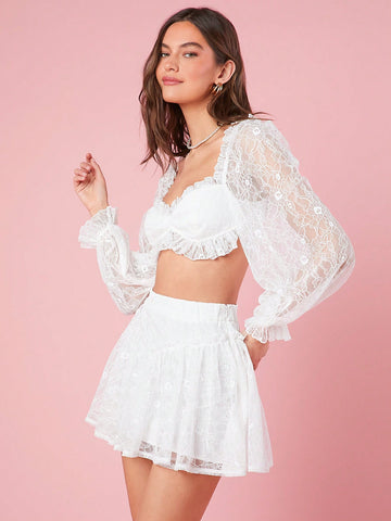 Ladies' Short Cut Frill Trimmed Top And Skirt Set