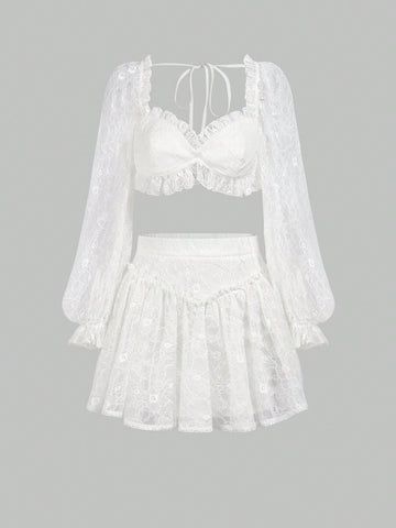 Ladies' Short Cut Frill Trimmed Top And Skirt Set