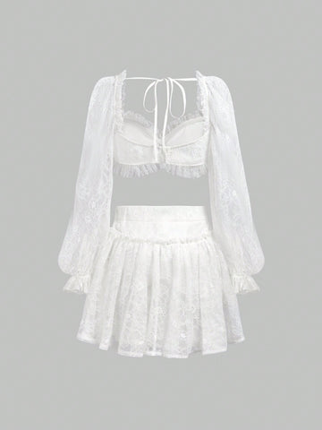 Ladies' Short Cut Frill Trimmed Top And Skirt Set