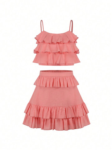 Ladies' Woven Romantic Regular Cami Crop Top And Short Skirt Set