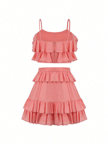 Ladies' Woven Romantic Regular Cami Crop Top And Short Skirt Set