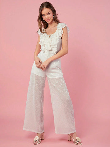 Summer Women's Off Shoulder Floral Jumpsuit With Ruffle Hem Wide Leg