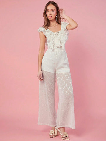 Summer Women's Off Shoulder Floral Jumpsuit With Ruffle Hem Wide Leg