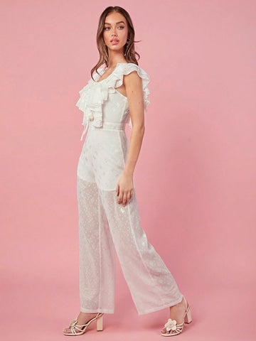 Summer Women's Off Shoulder Floral Jumpsuit With Ruffle Hem Wide Leg