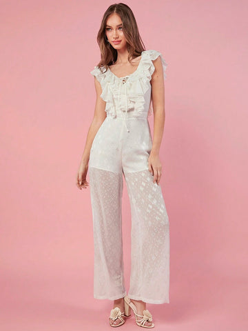 Summer Women's Off Shoulder Floral Jumpsuit With Ruffle Hem Wide Leg