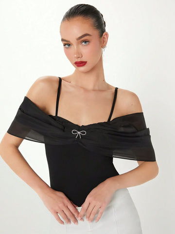 Summer Women's Solid Color Off-Shoulder Bodysuit With Rhinestone & Bow Decorated Spaghetti Straps
