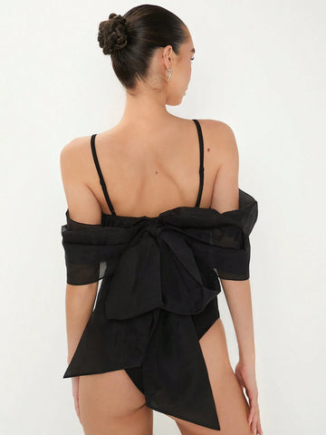 Summer Women's Solid Color Off-Shoulder Bodysuit With Rhinestone & Bow Decorated Spaghetti Straps