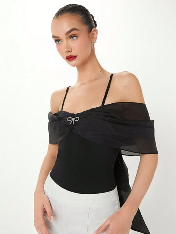 Summer Women's Solid Color Off-Shoulder Bodysuit With Rhinestone & Bow Decorated Spaghetti Straps