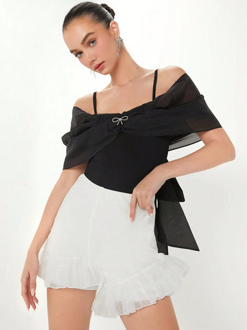 Summer Women's Solid Color Off-Shoulder Bodysuit With Rhinestone & Bow Decorated Spaghetti Straps