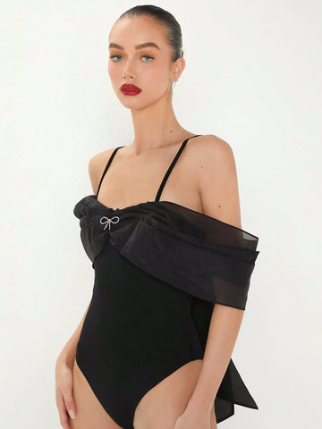 Summer Women's Solid Color Off-Shoulder Bodysuit With Rhinestone & Bow Decorated Spaghetti Straps