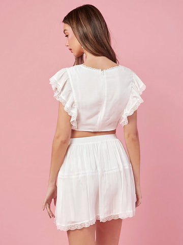 White Summer Women's Lace Patchwork V-Neck Top And Skirt Set