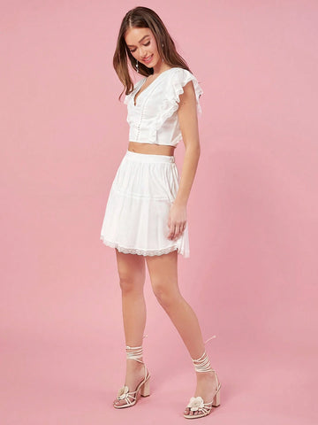 White Summer Women's Lace Patchwork V-Neck Top And Skirt Set