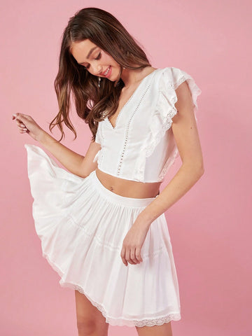 White Summer Women's Lace Patchwork V-Neck Top And Skirt Set