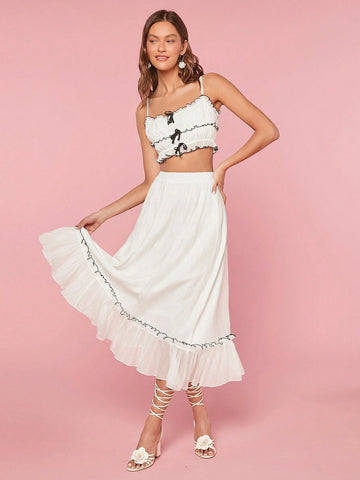 Women Color-Block Cami Top With Ruffle Hem Skirt Simple Summer Casual Outfit