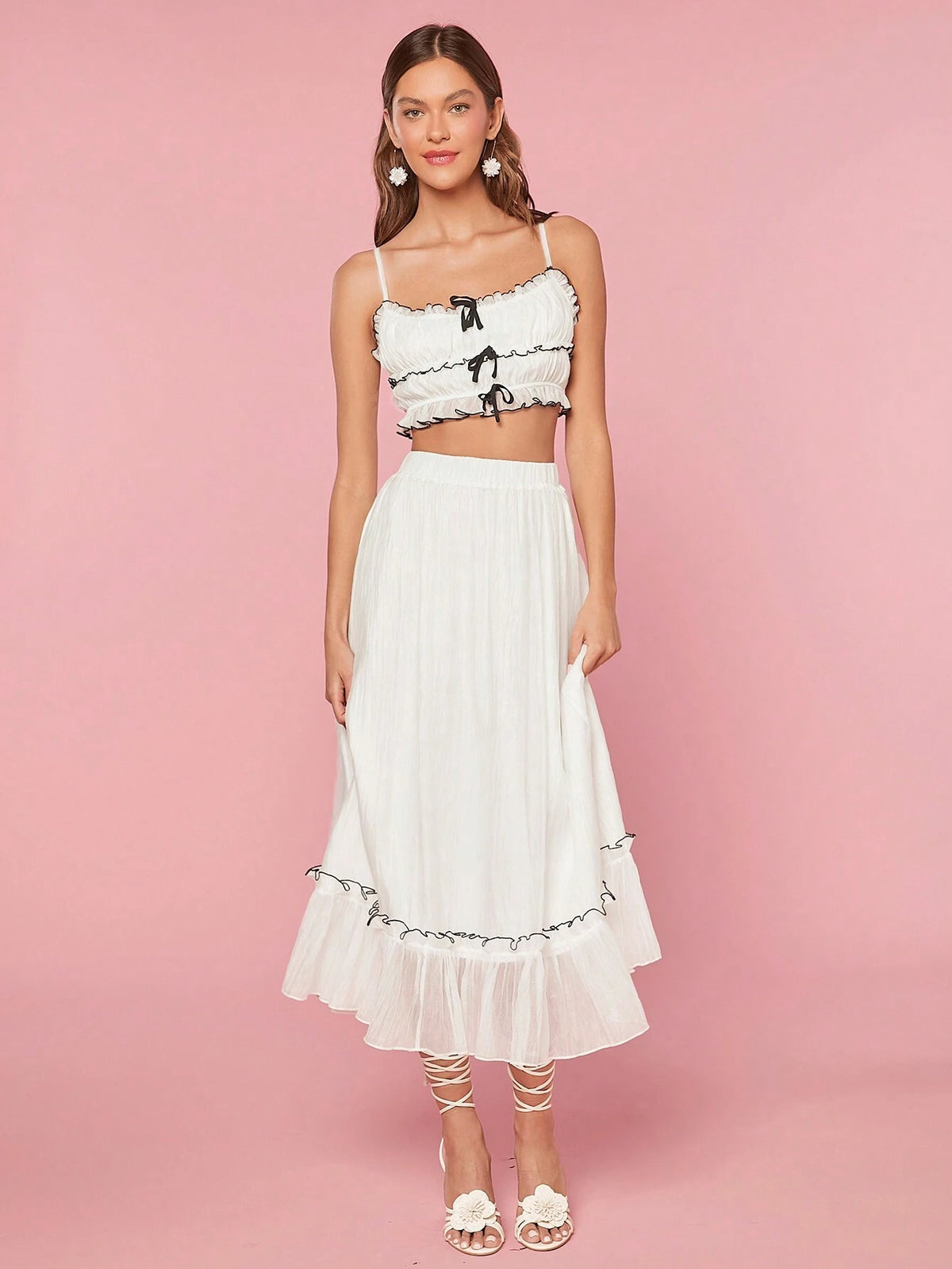 Women Color-Block Cami Top With Ruffle Hem Skirt Simple Summer Casual Outfit