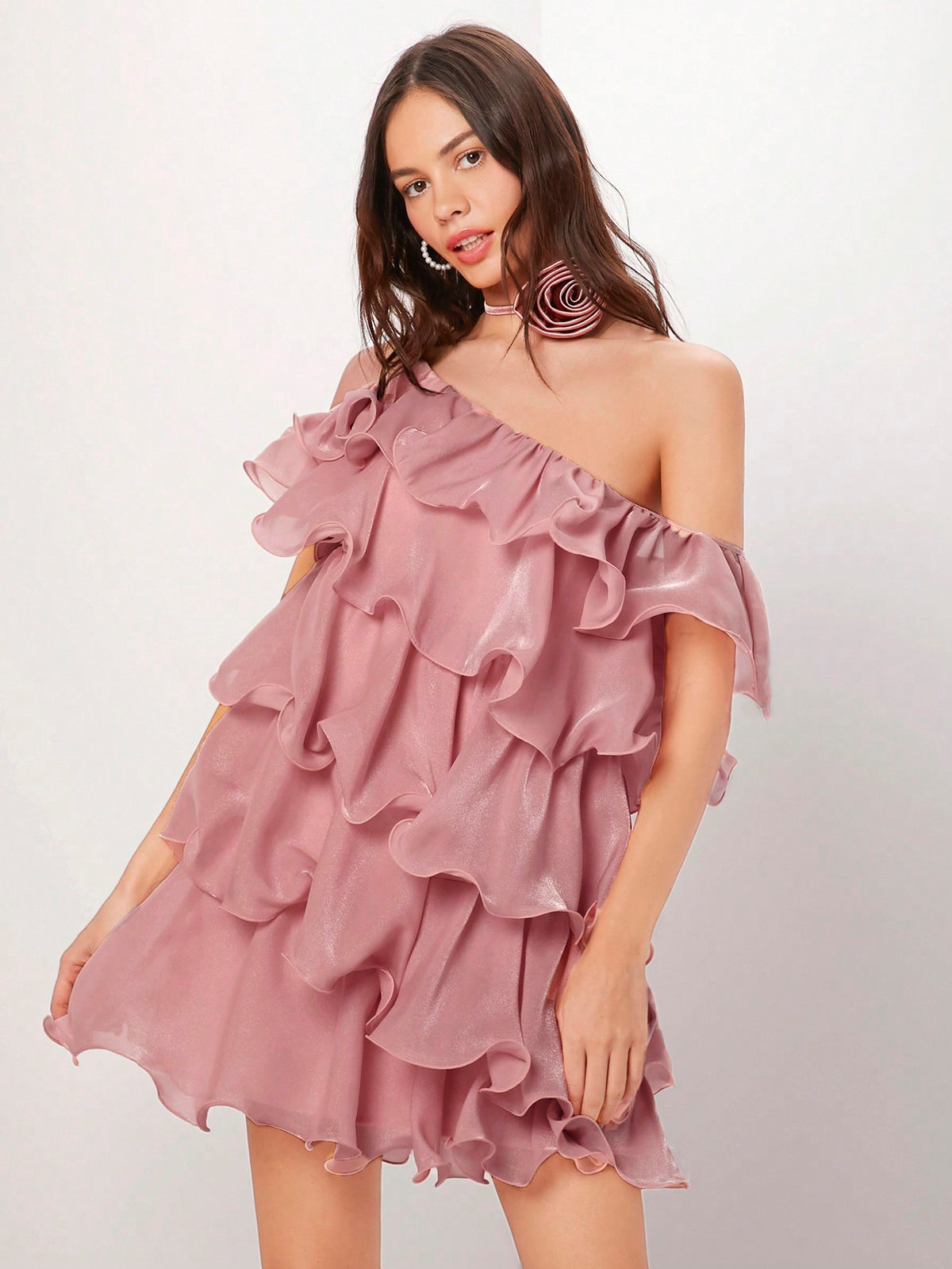 Women's Asymmetrical Collar Multi-Layer Solid Color Ruffle Hem Dress