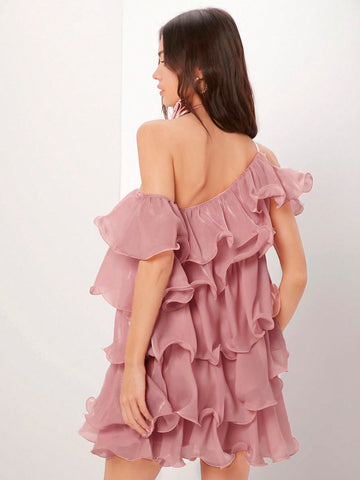 Women's Asymmetrical Collar Multi-Layer Solid Color Ruffle Hem Dress