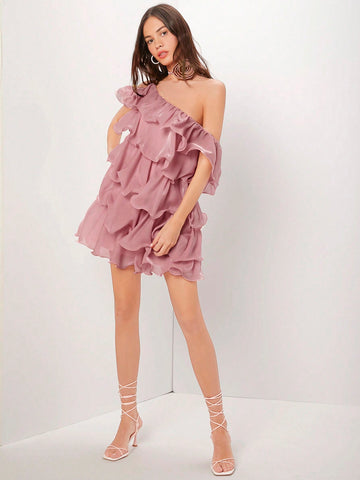 Women's Asymmetrical Collar Multi-Layer Solid Color Ruffle Hem Dress