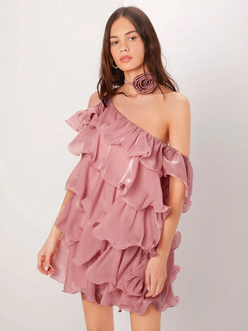 Women's Asymmetrical Collar Multi-Layer Solid Color Ruffle Hem Dress