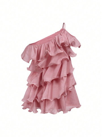 Women's Asymmetrical Collar Multi-Layer Solid Color Ruffle Hem Dress