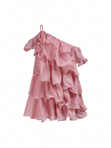 Women's Asymmetrical Collar Multi-Layer Solid Color Ruffle Hem Dress