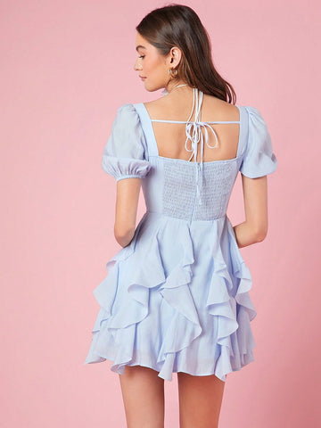 Women's Bubble Sleeve Dress With Ruffle Hem