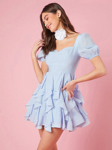 Women's Bubble Sleeve Dress With Ruffle Hem
