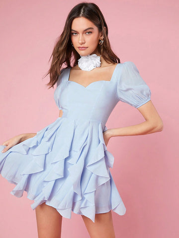 Women's Bubble Sleeve Dress With Ruffle Hem