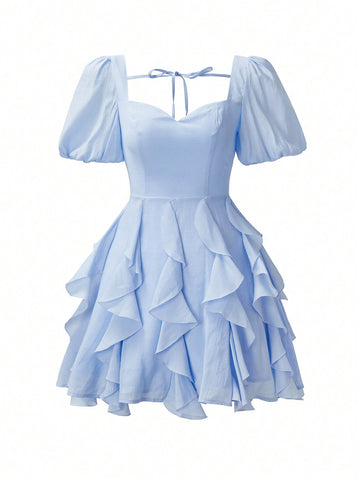 Women's Bubble Sleeve Dress With Ruffle Hem