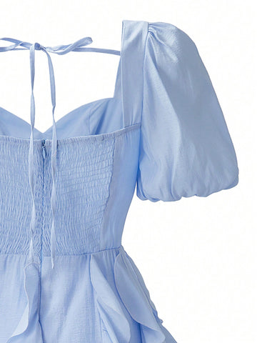 Women's Bubble Sleeve Dress With Ruffle Hem