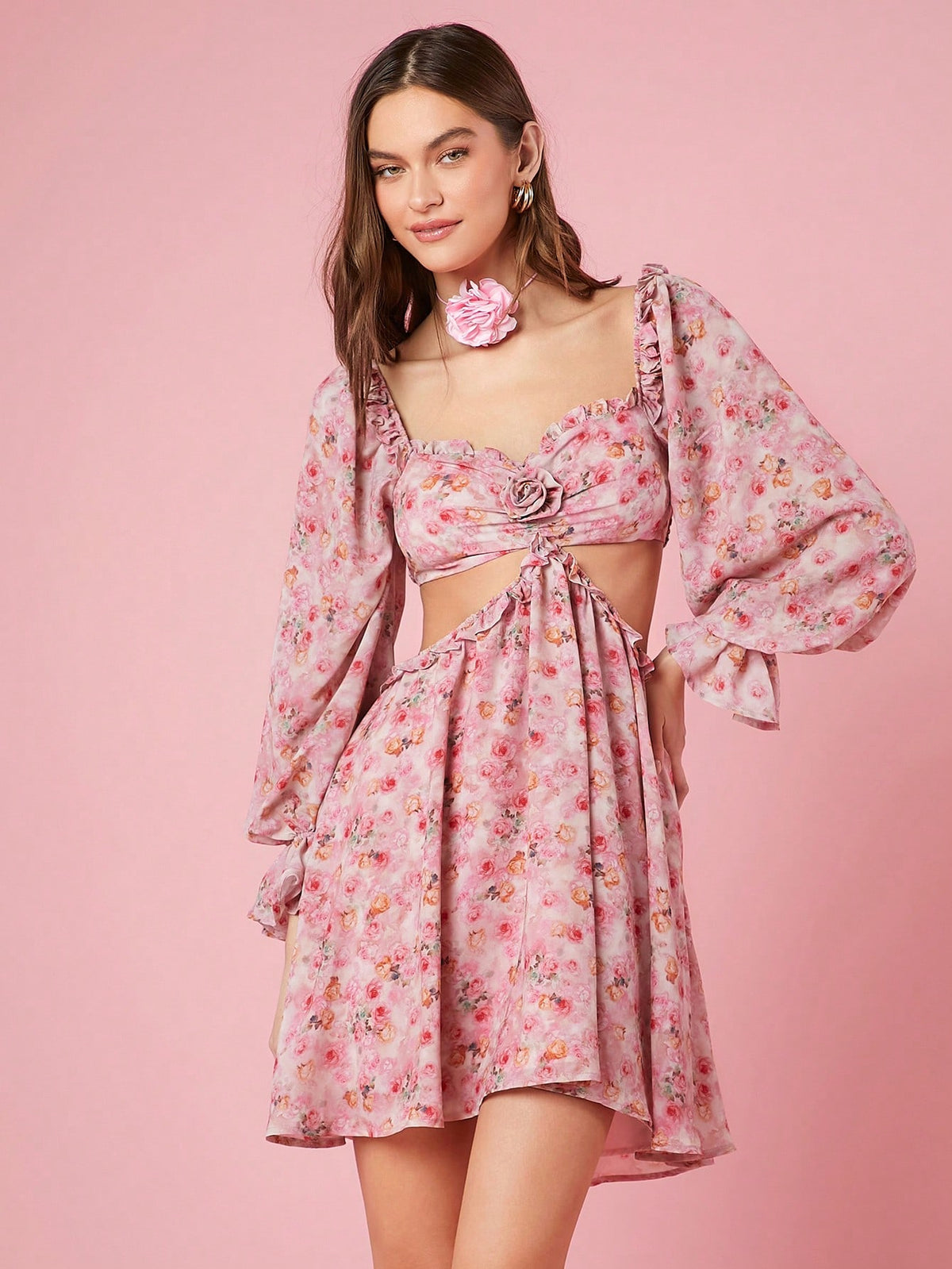 Women's Floral Print Hollow Out Waist Dress