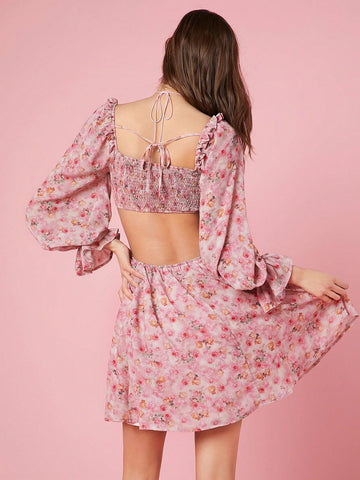 Women's Floral Print Hollow Out Waist Dress