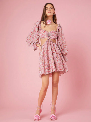 Women's Floral Print Hollow Out Waist Dress