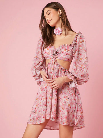 Women's Floral Print Hollow Out Waist Dress