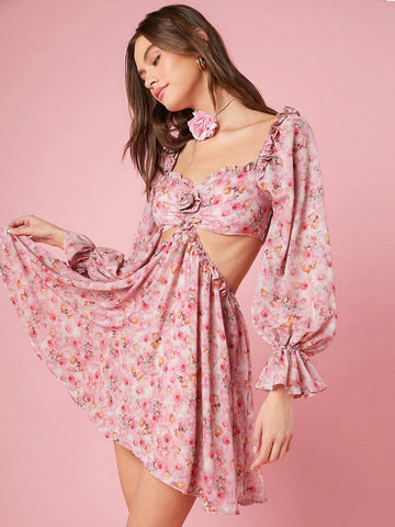 Women's Floral Print Hollow Out Waist Dress