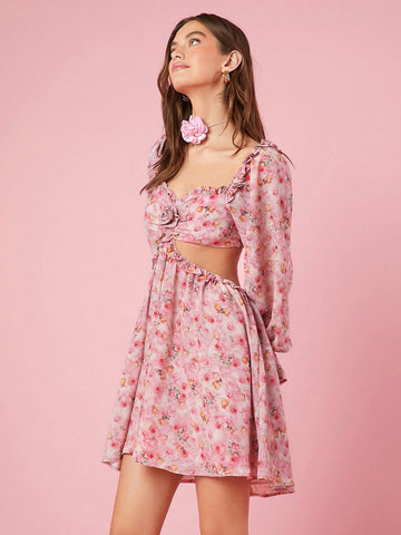 Women's Floral Print Hollow Out Waist Dress