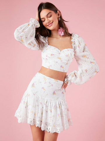Women's Floral Printed Cropped Top And Skirt Set