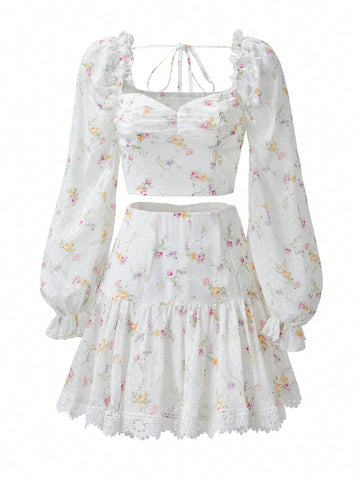 Women's Floral Printed Cropped Top And Skirt Set