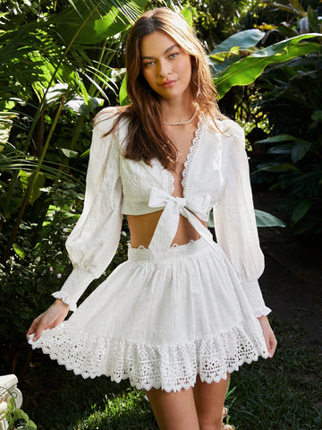 ENCHNT Women's Lace Patchwork Asymmetric Ruffle Hem Skirt