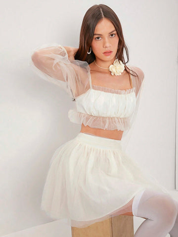Women's Mesh Frill Hem Cropped Top And Skirt Set