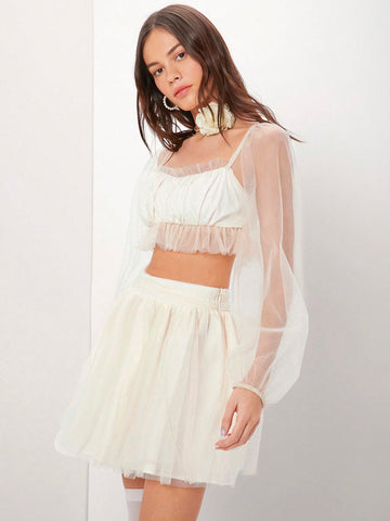 Women's Mesh Frill Hem Cropped Top And Skirt Set