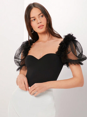 Women's Mesh Puff Sleeve Sweetheart Neck Bodysuit