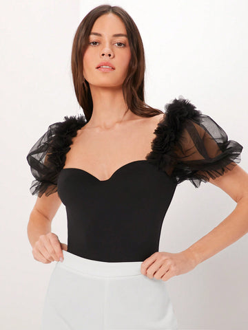 Women's Mesh Puff Sleeve Sweetheart Neck Bodysuit