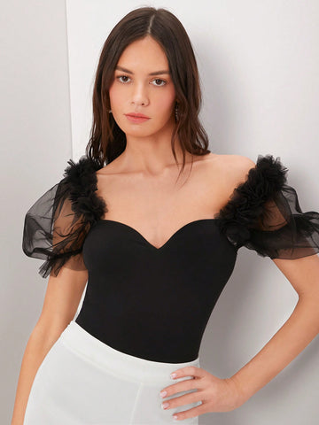 Women's Mesh Puff Sleeve Sweetheart Neck Bodysuit