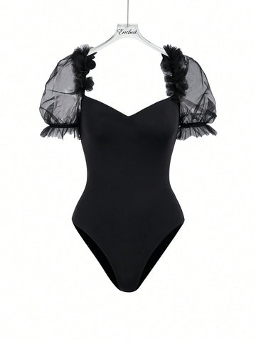 Women's Mesh Puff Sleeve Sweetheart Neck Bodysuit