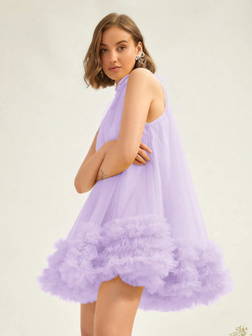 Women's Plain Color Multi-Layer Ruffle Hem Mesh Dress