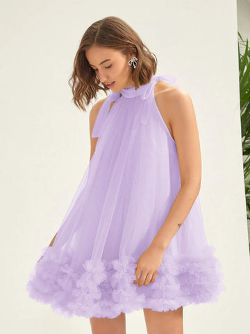 Women's Plain Color Multi-Layer Ruffle Hem Mesh Dress