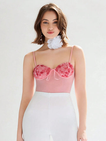 Women's Romantic Pink 3d Flower Strapless Bodysuit