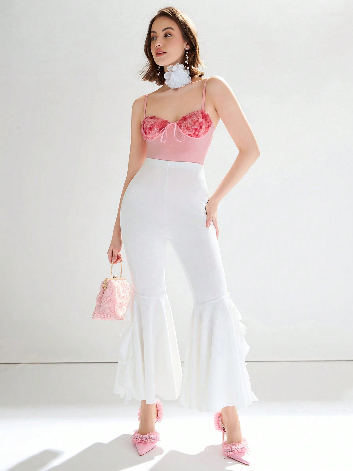 Women's Romantic Pink 3d Flower Strapless Bodysuit