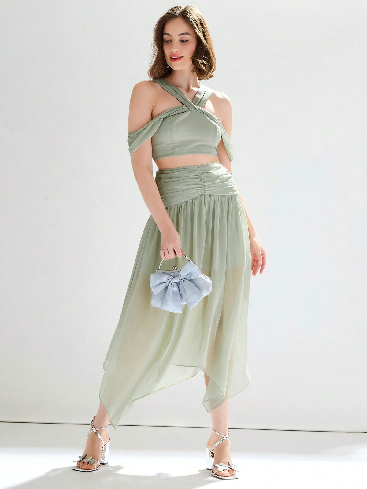 Women's Solid Color Cold Shoulder Cropped Top & Ruched Flowy Hanky Hem Skirt Beach Outfit Set